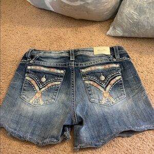 Miss Me Blue Denim Shorts with Colorful Embellishments